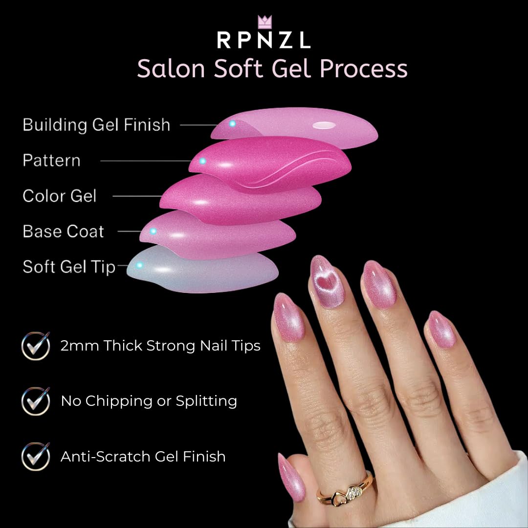 RPNZL Love Beam Press On Nails – Heart Cat Eye, UV Finish Almond, 32 Nails Kit