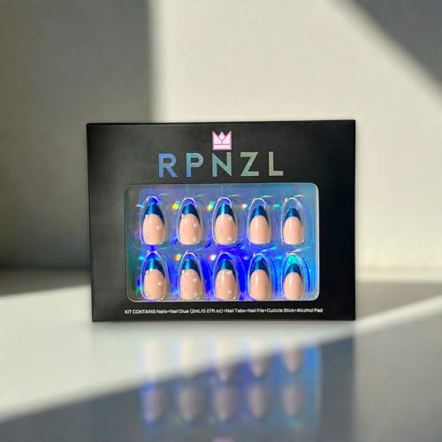 RPNZL Ocean Press On Nails – Blue Chrome French Tip with Pearl Design, UV Finish, Almond Nails, 32 Nails in 16 Sizes, Glue & Tabs Included
