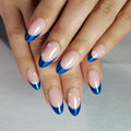 RPNZL Ocean Press On Nails – Blue Chrome French Tip with Pearl Design, UV Finish, Almond Nails, 32 Nails in 16 Sizes, Glue & Tabs Included