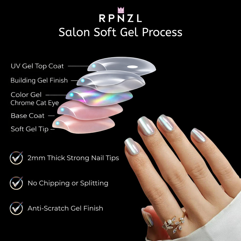 RPNZL Press On Nails - Opal Chrome Cateye High Gloss Square | 32 Nails, 16 Sizes, Glue & Tabs