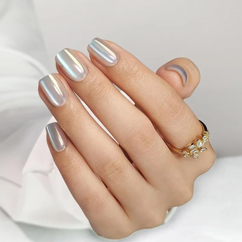 RPNZL Press On Nails - Opal Chrome Cateye High Gloss Square | 32 Nails, 16 Sizes, Glue & Tabs
