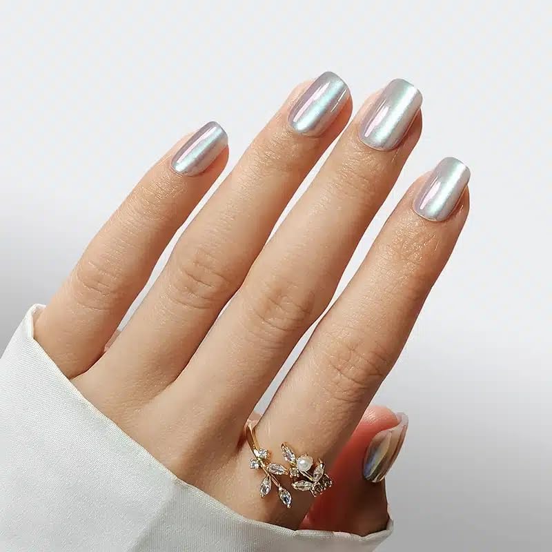 RPNZL Press On Nails - Opal Chrome Cateye High Gloss Square | 32 Nails, 16 Sizes, Glue & Tabs