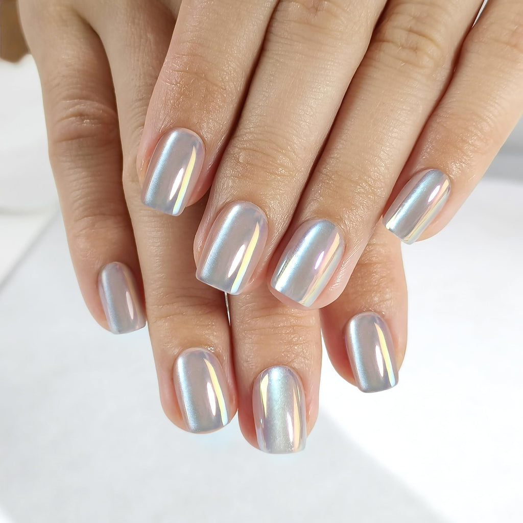 RPNZL Press On Nails - Opal Chrome Cateye High Gloss Square | 32 Nails, 16 Sizes, Glue & Tabs