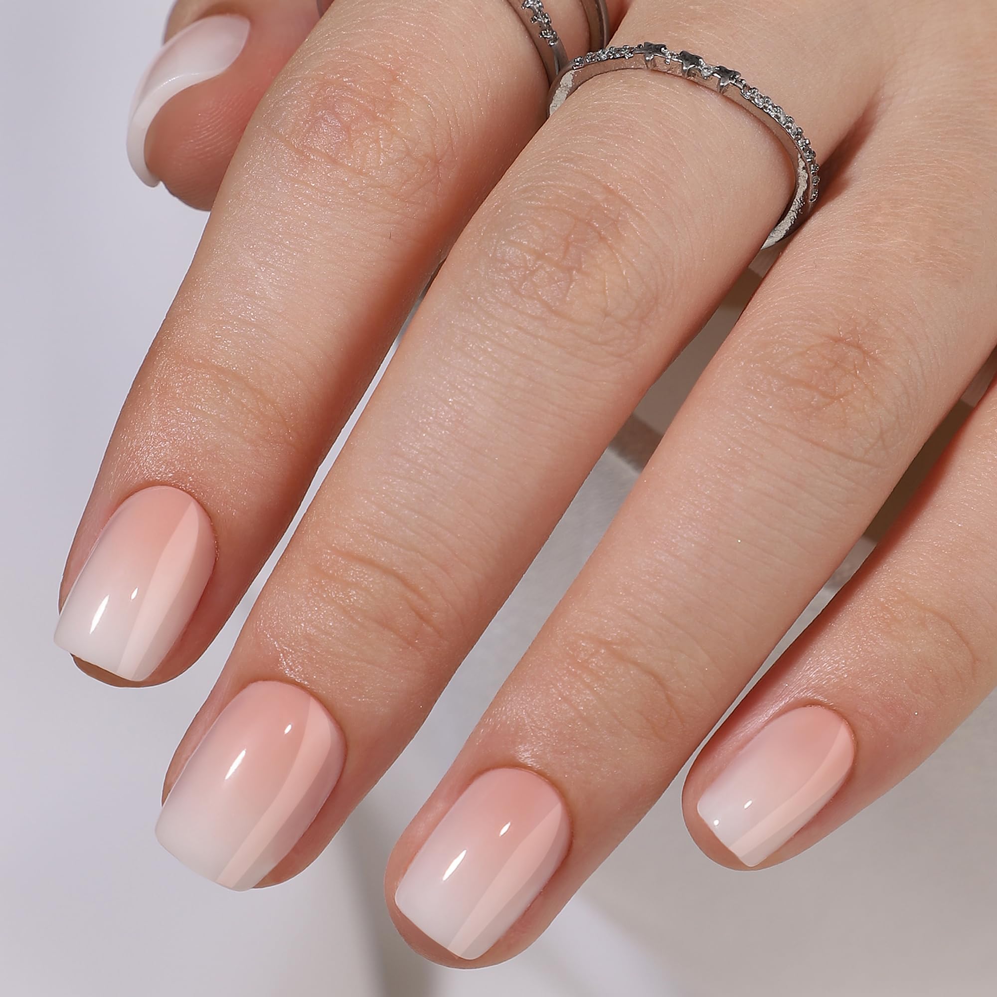 RPNZL Peach Press On Nails – Short Squoval Ombre French Tip, UV Finish, 16-Size Kit