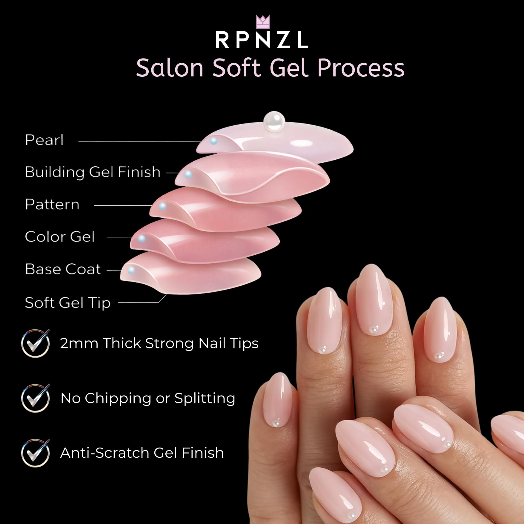 RPNZL Press On Nails - Pearl | Bubble Bath Medium Almond, Reusable Salon-Quality Kit (32 Nails, 16 Sizes)