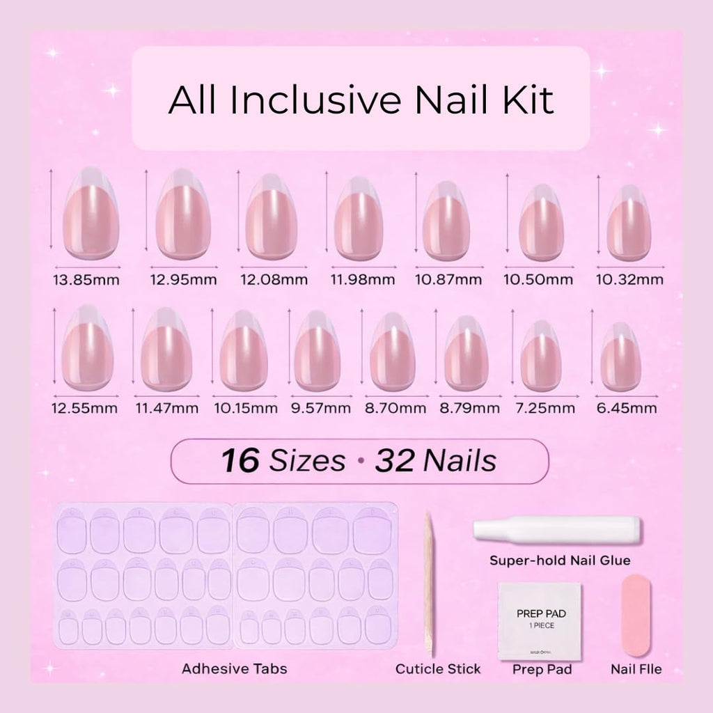 RPNZL Press On Nails - Pearl | Bubble Bath Medium Almond, Reusable Salon-Quality Kit (32 Nails, 16 Sizes)