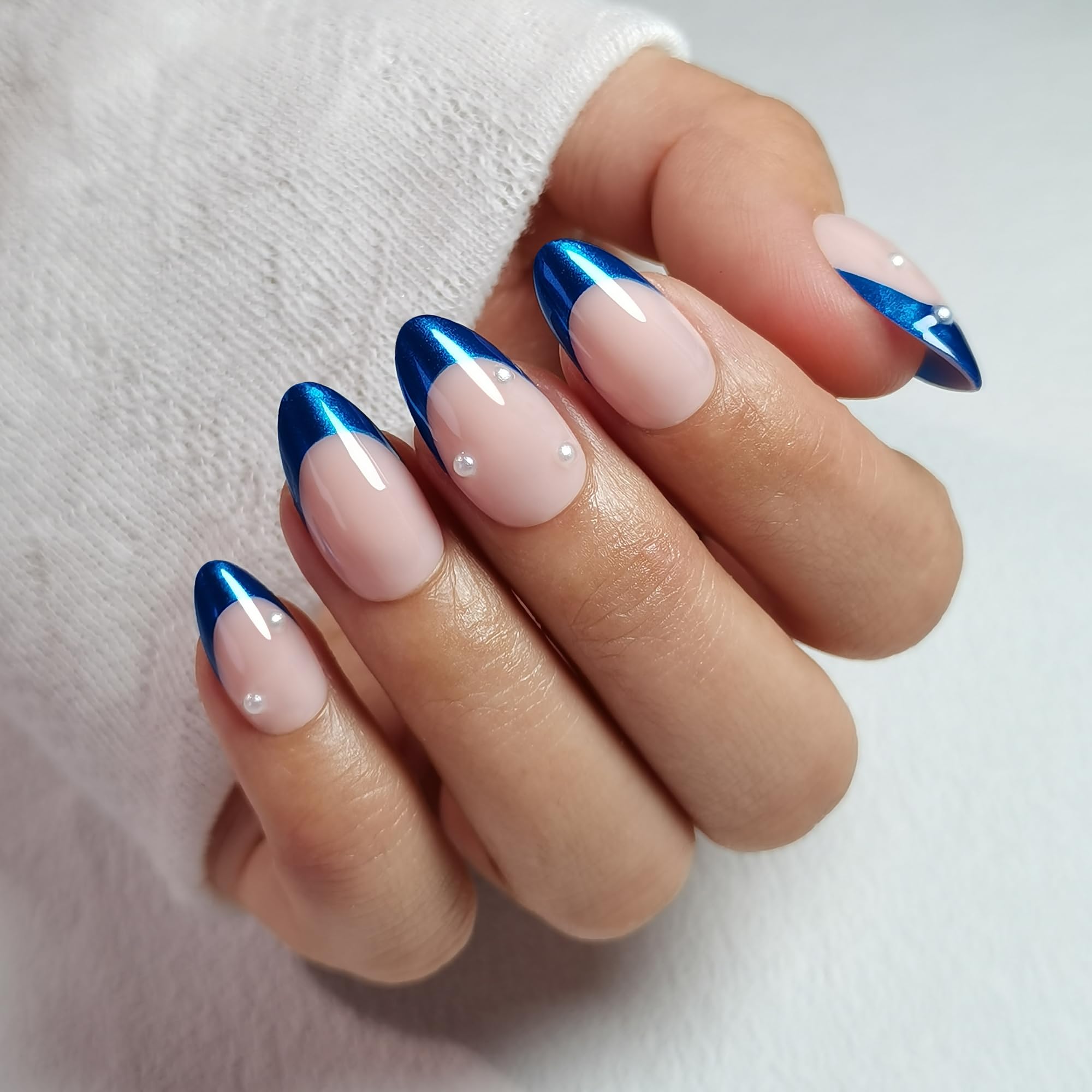 RPNZL Ocean Press On Nails – Blue Chrome French Tip with Pearl Design, UV Finish, Almond Nails, 32 Nails in 16 Sizes, Glue & Tabs Included