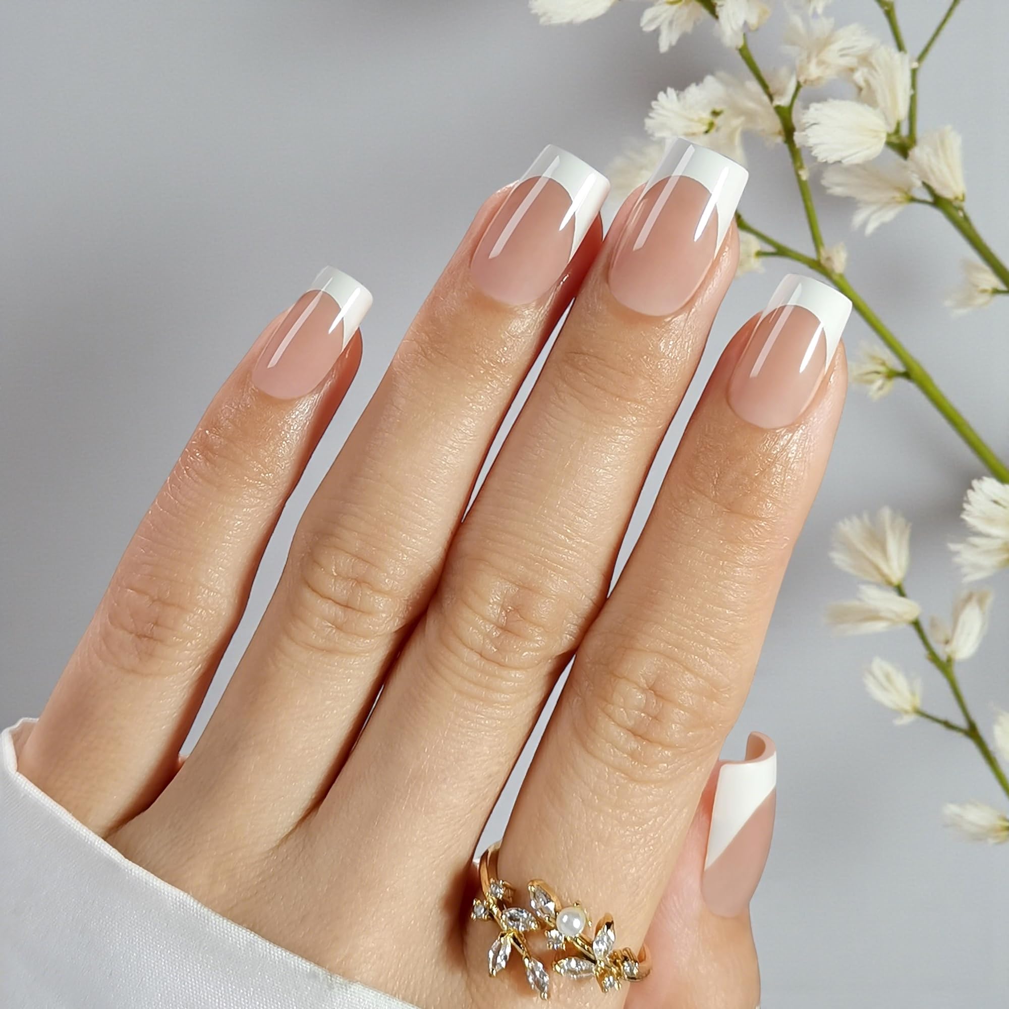 RPNZL Press On Nails – Ivory French Tip, Medium Square, UV Finish, 32 Nails Kit