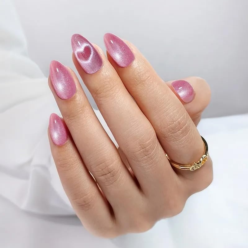 RPNZL Love Beam Press On Nails – Heart Cat Eye, UV Finish Almond, 32 Nails Kit