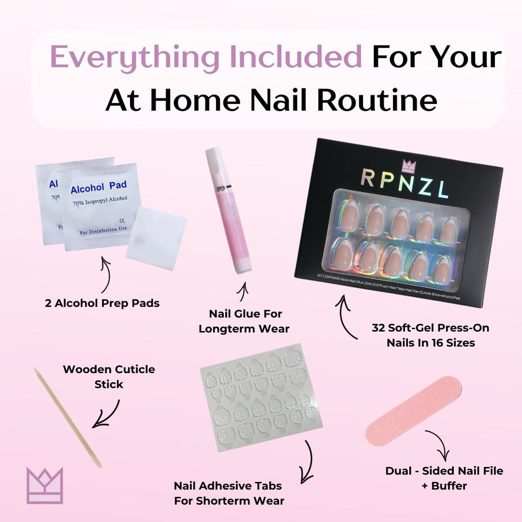 RPNZL Press On Nails - Sugar Pink Polka Dot UV Finish Almond Nails, 32 Nails, 16 Sizes, Glue & Tabs