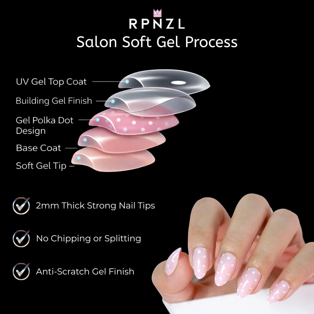 RPNZL Press On Nails - Sugar Pink Polka Dot UV Finish Almond Nails, 32 Nails, 16 Sizes, Glue & Tabs