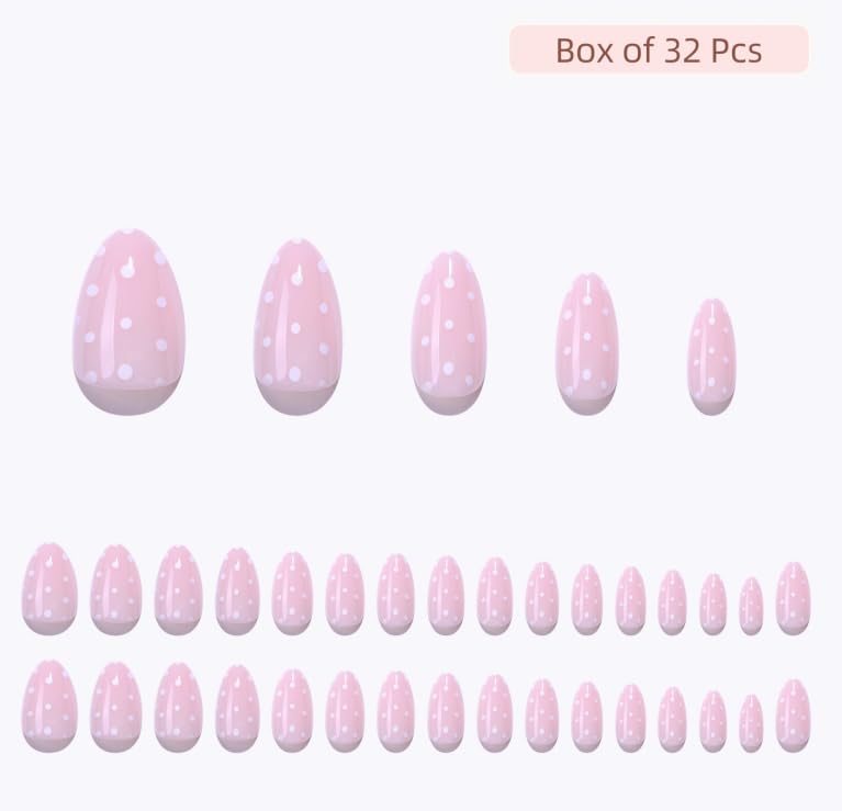 RPNZL Press On Nails - Sugar Pink Polka Dot UV Finish Almond Nails, 32 Nails, 16 Sizes, Glue & Tabs