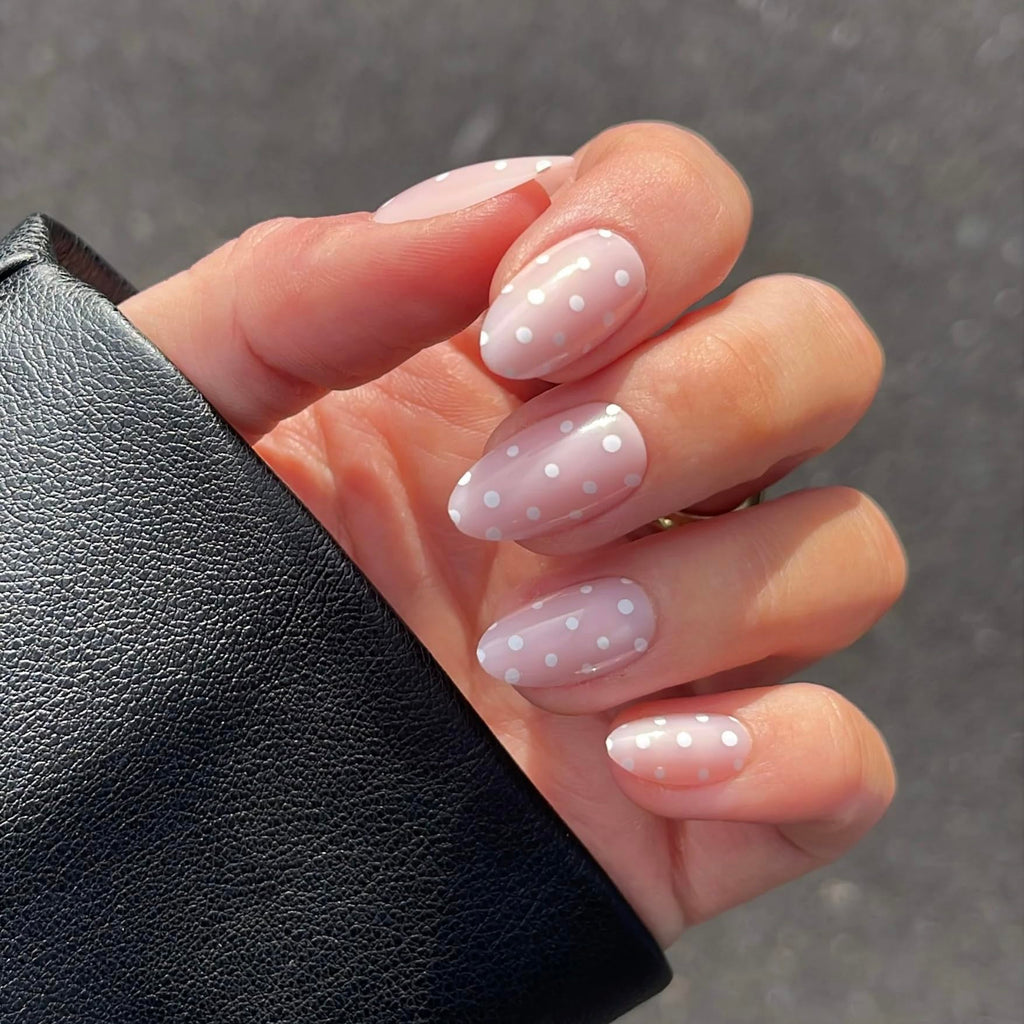 RPNZL Press On Nails - Sugar Pink Polka Dot UV Finish Almond Nails, 32 Nails, 16 Sizes, Glue & Tabs