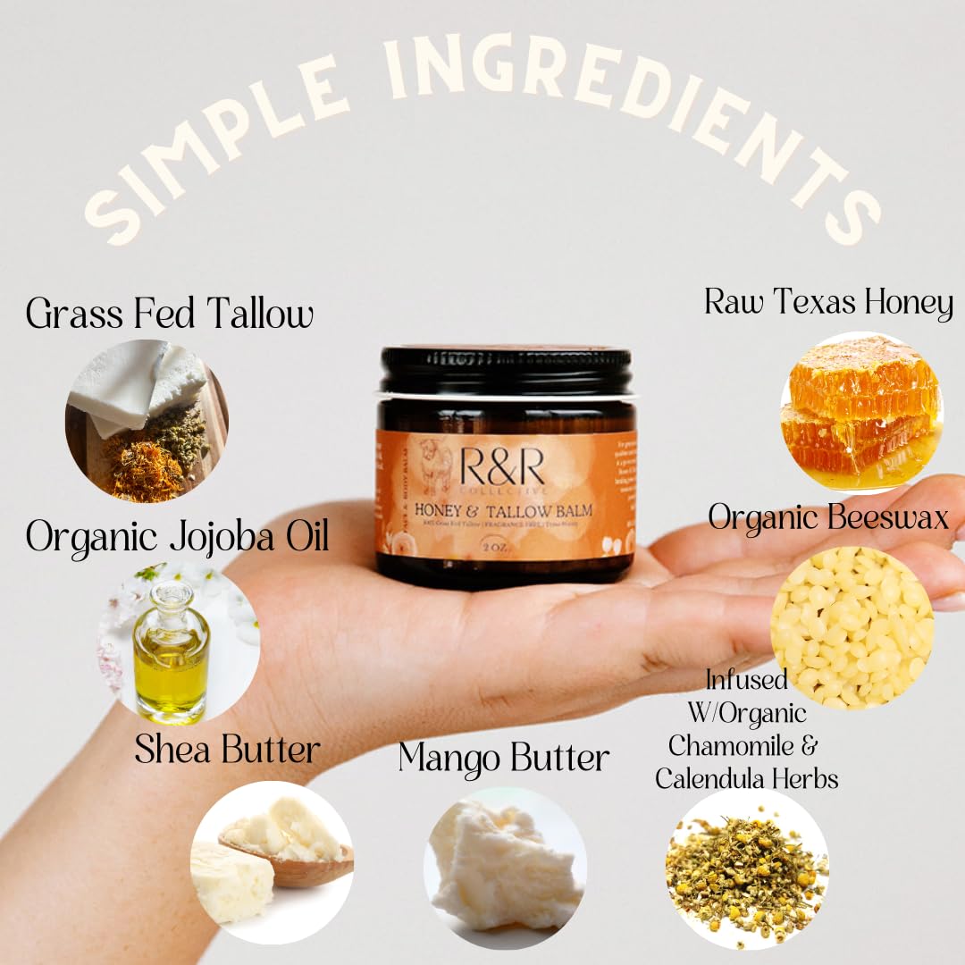 R&R Collective Handmade Honey & Tallow Balm – 2 oz, 100% Grass-Fed Beef Tallow, Natural Whipped Skincare