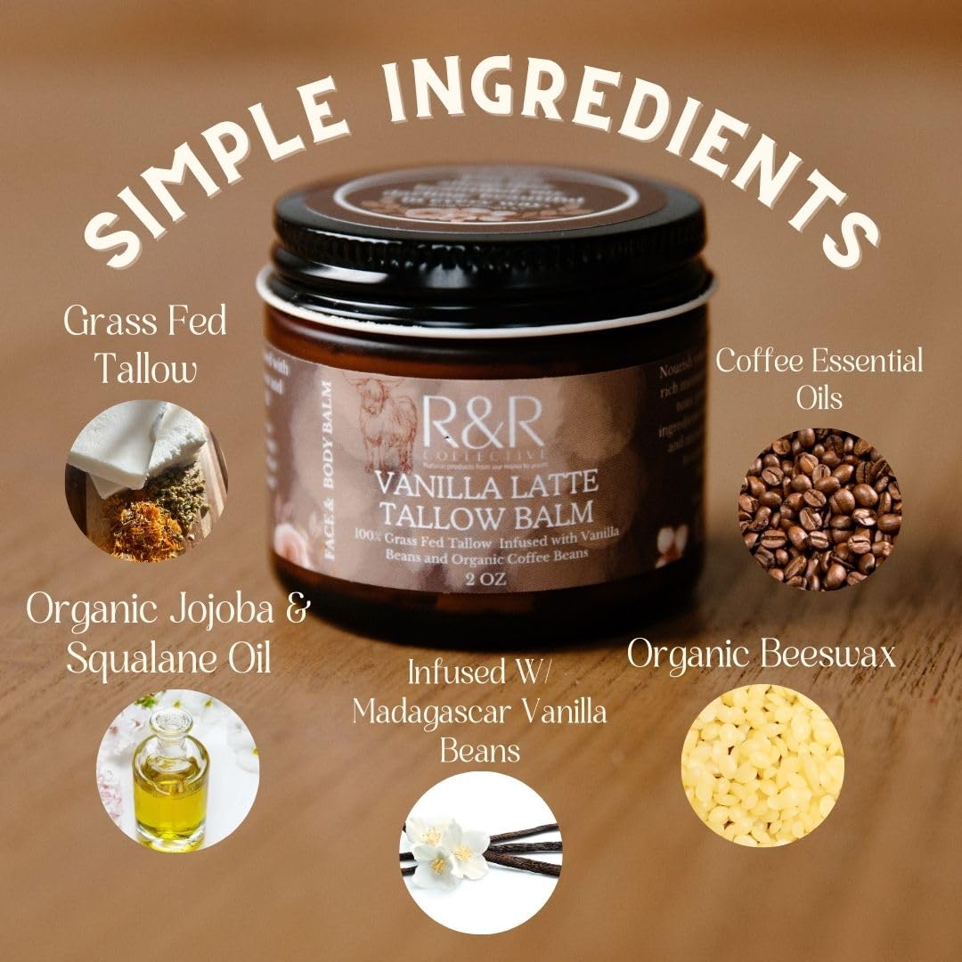 R&R Collective Vanilla Latte Tallow Face Moisturizer – Grass-Fed Beef Tallow Balm with Coffee & Vanilla for Dry & Sensitive Skin