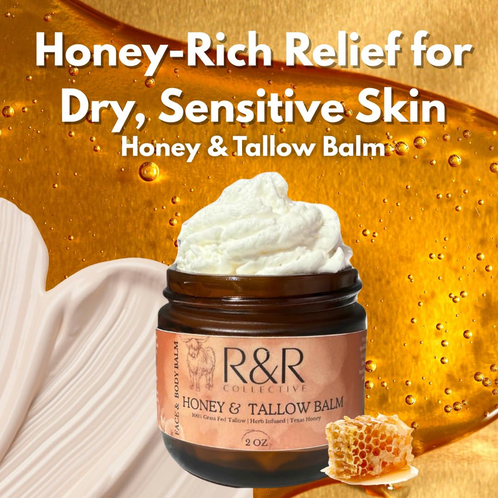R&R Collective Handmade Honey & Tallow Balm – 2 oz, 100% Grass-Fed Beef Tallow, Natural Whipped Skincare