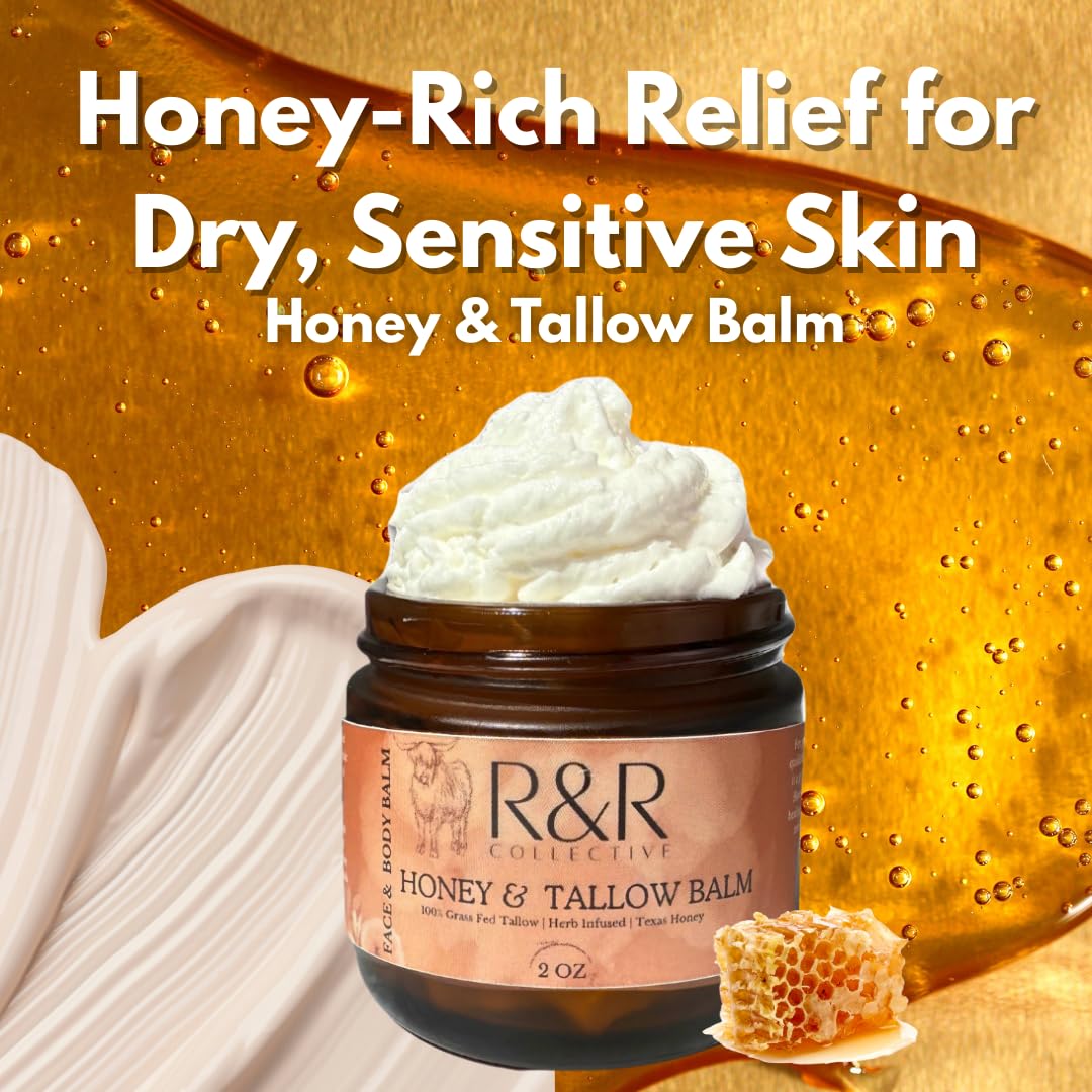 R&R Collective Handmade Honey & Tallow Balm – 2 oz, 100% Grass-Fed Beef Tallow, Natural Whipped Skincare