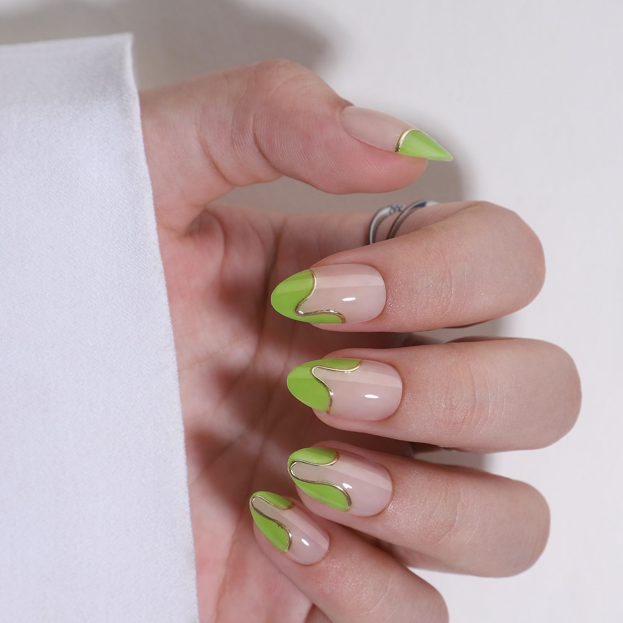 RTKHFZE Press On Nails Almond – French Tip Short with Gold Foil (16 Sizes) | Glue-On
