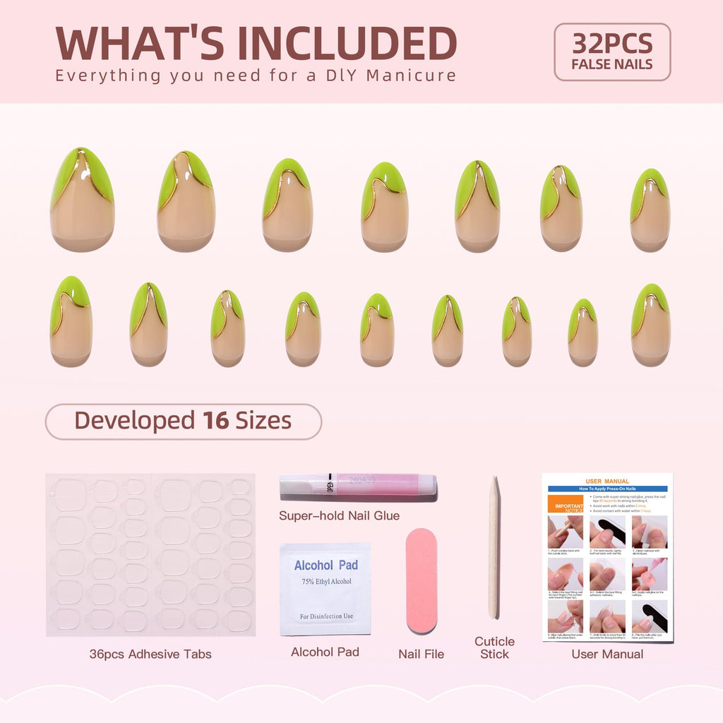 RTKHFZE Press On Nails Almond – French Tip Short with Gold Foil (16 Sizes) | Glue-On