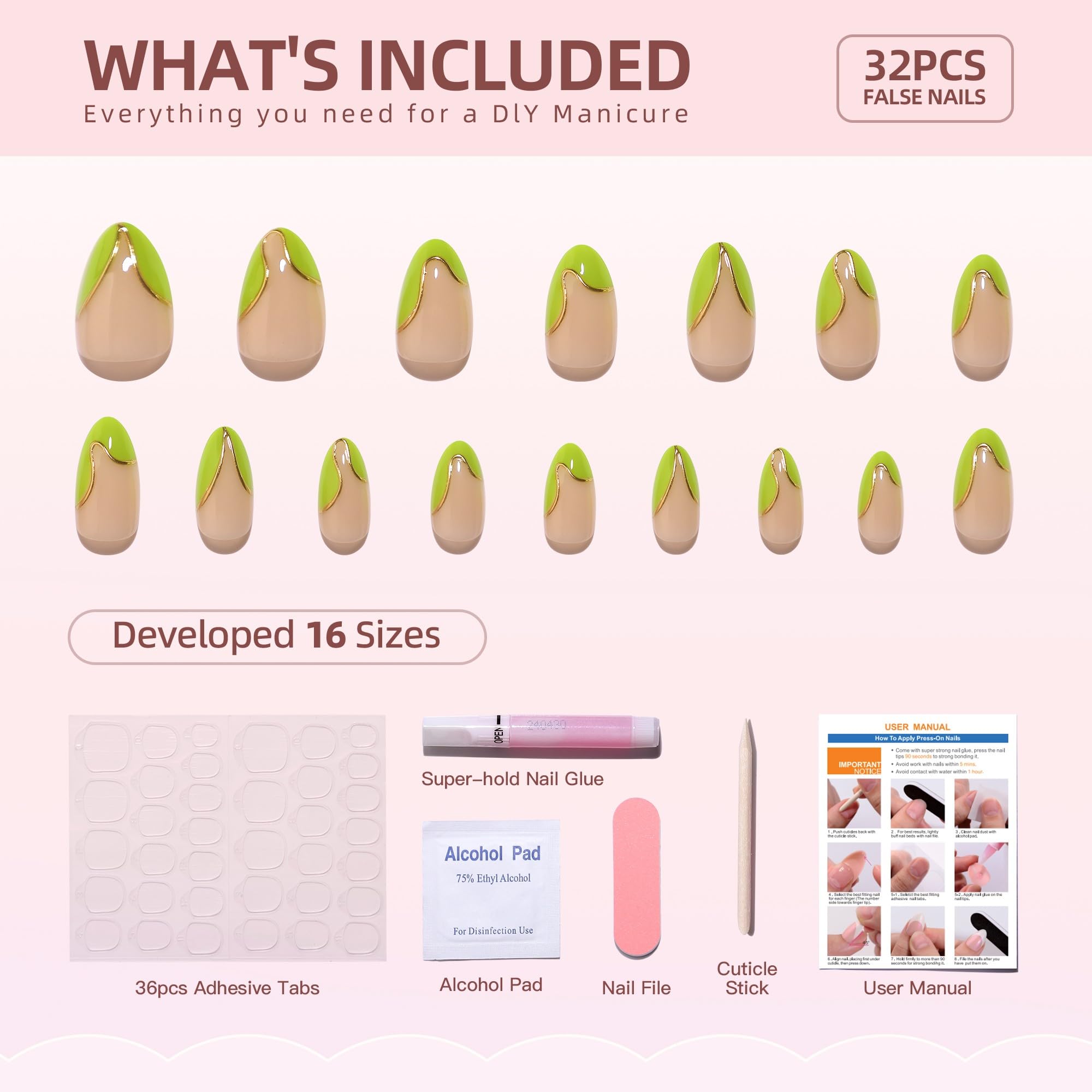 RTKHFZE Press On Nails Almond – French Tip Short with Gold Foil (16 Sizes) | Glue-On