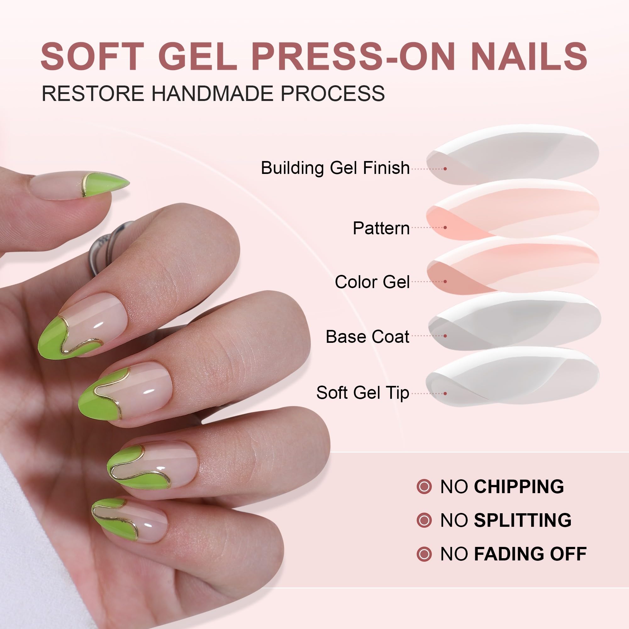 RTKHFZE Press On Nails Almond – French Tip Short with Gold Foil (16 Sizes) | Glue-On