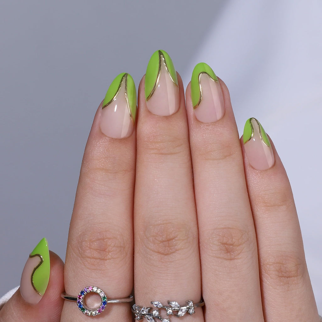 RTKHFZE Press On Nails Almond – French Tip Short with Gold Foil (16 Sizes) | Glue-On