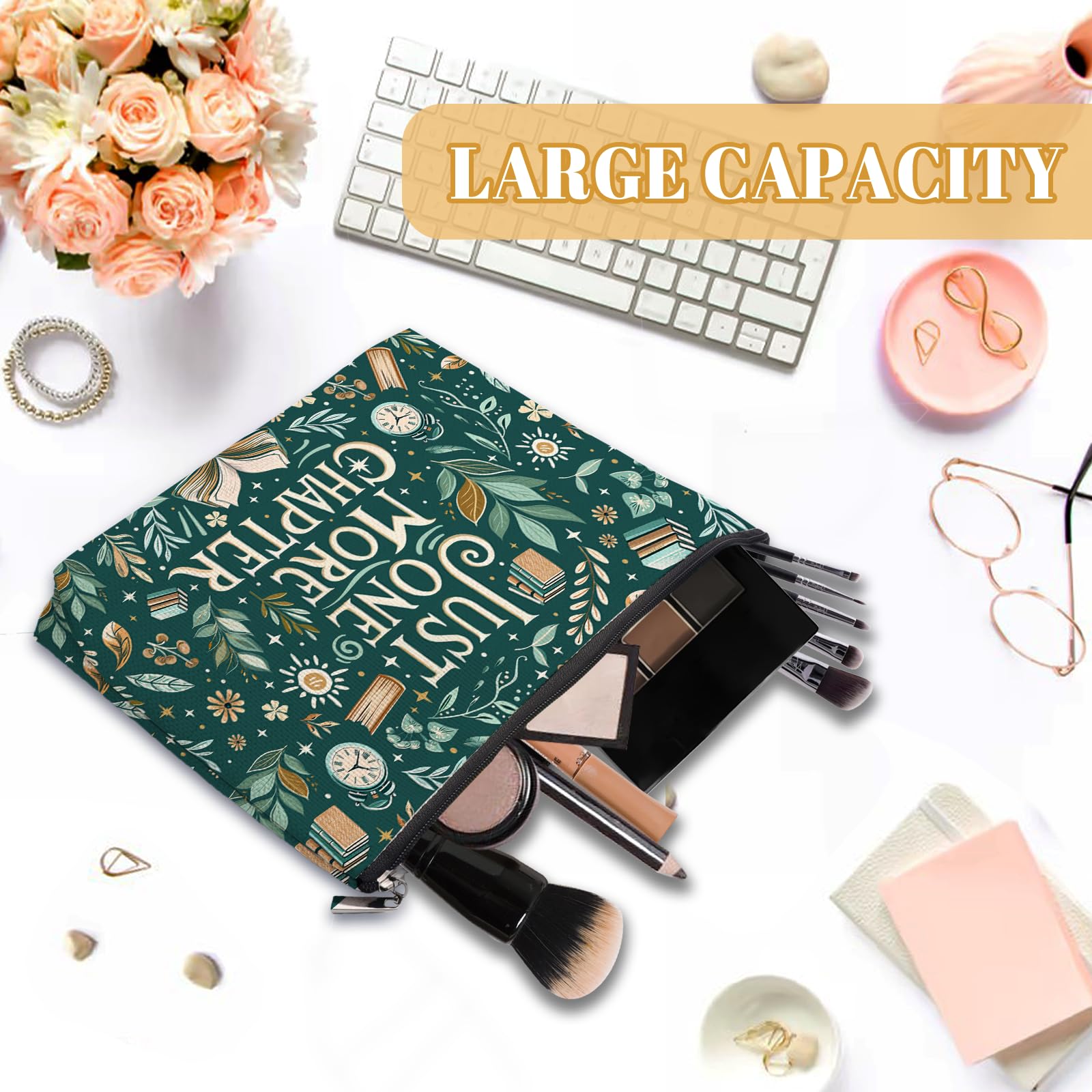 RTTLALUO Reading Cosmetic Bag for Book Lovers — Green Canvas Pouch with Zipper