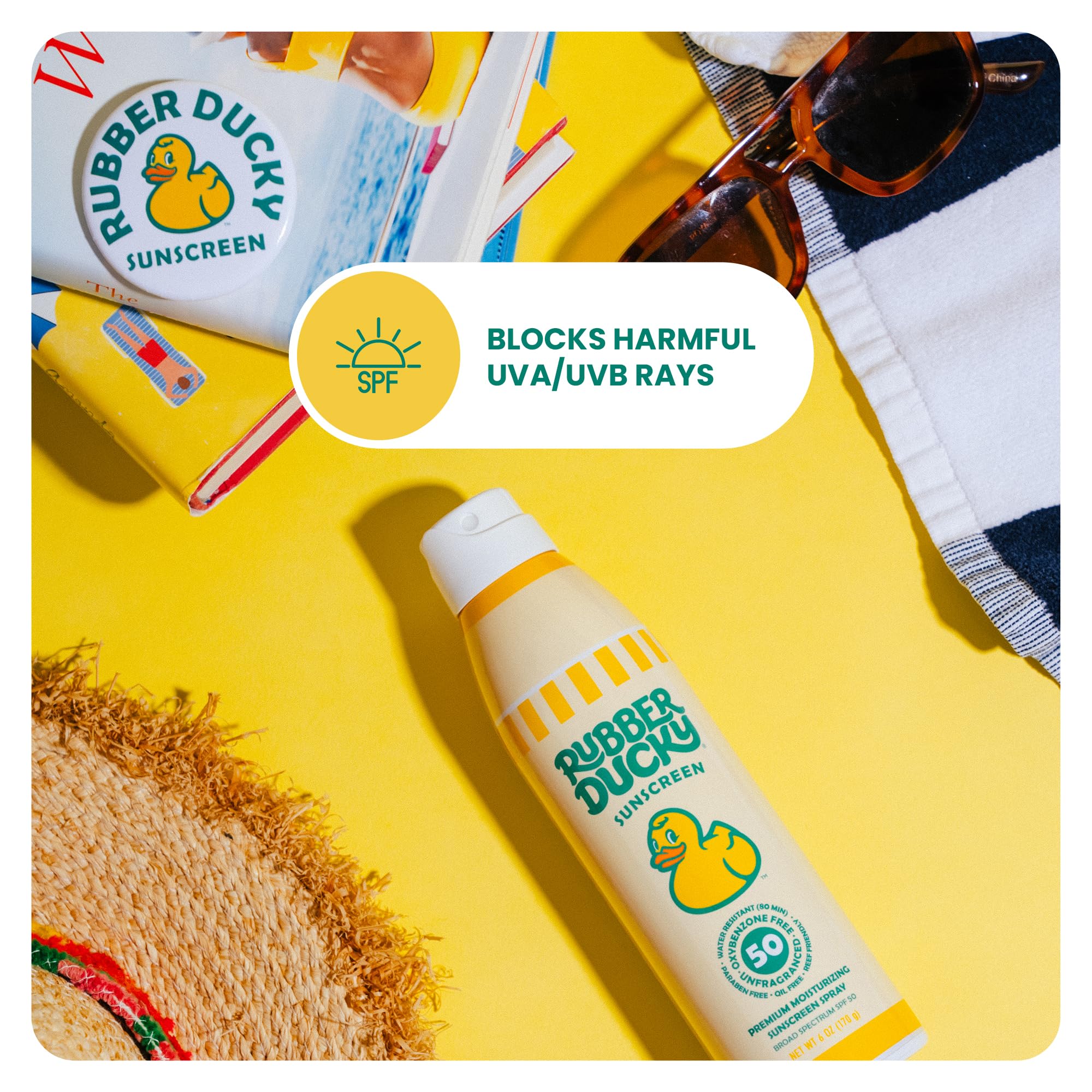 Rubber Ducky Moisturizing Sunscreen Spray SPF 50 – No White Residue, Reef Safe, Beach Scent, 6 Oz