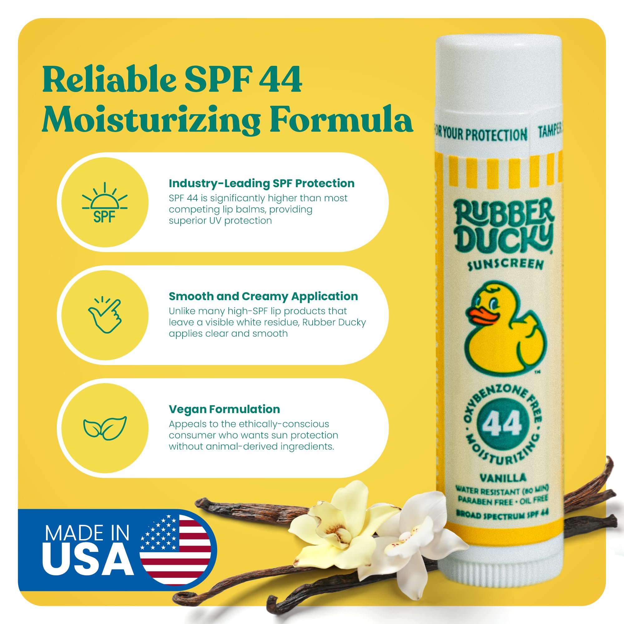 Rubber Ducky Lip Balm SPF 44 | Water-Resistant, Vegan, Vanilla Flavor | All-Season Broad Spectrum for Lips
