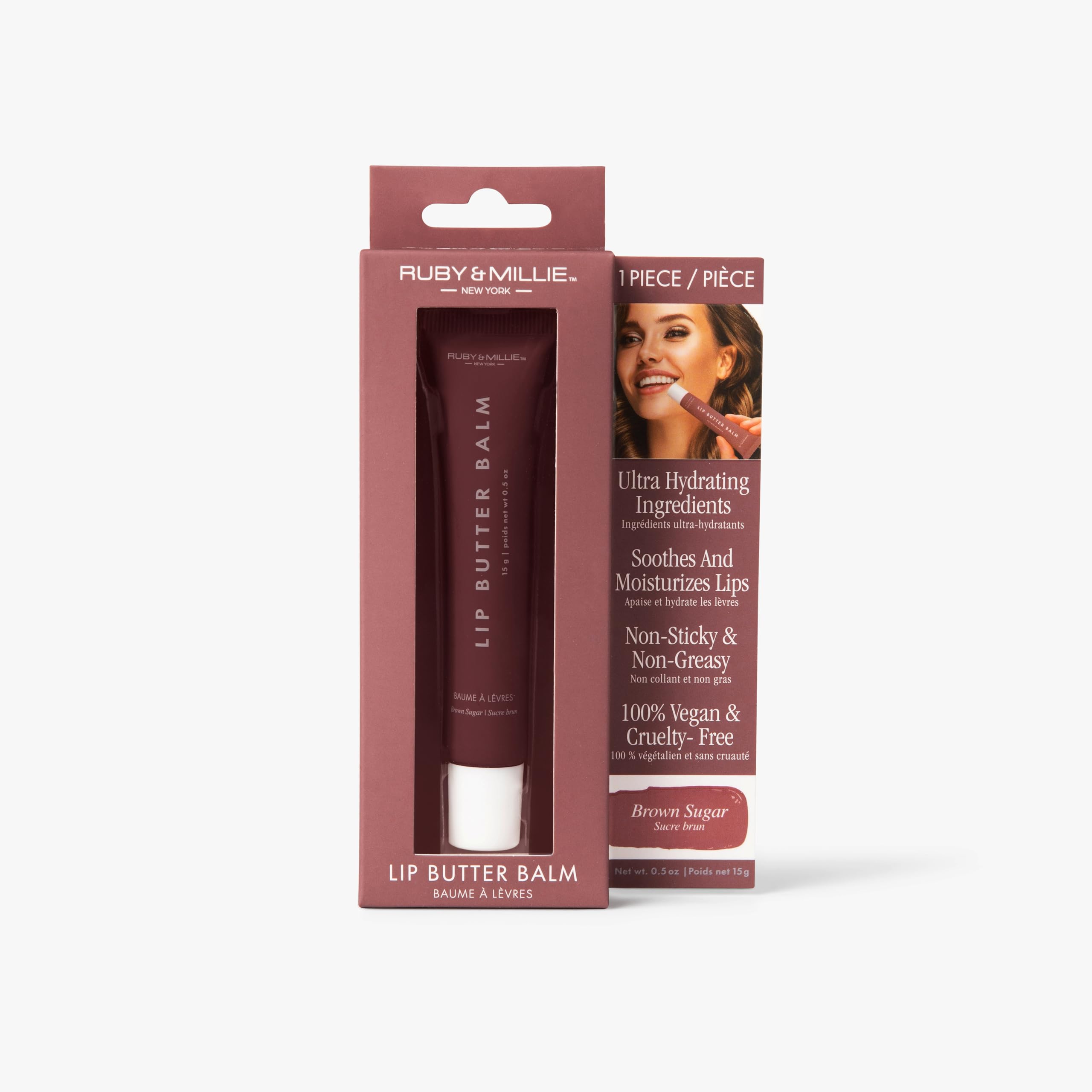 Ruby & Millie Tinted Lip Balm Brown Sugar – Hydrating Glossy Vegan Lip Butter, 0.5 oz