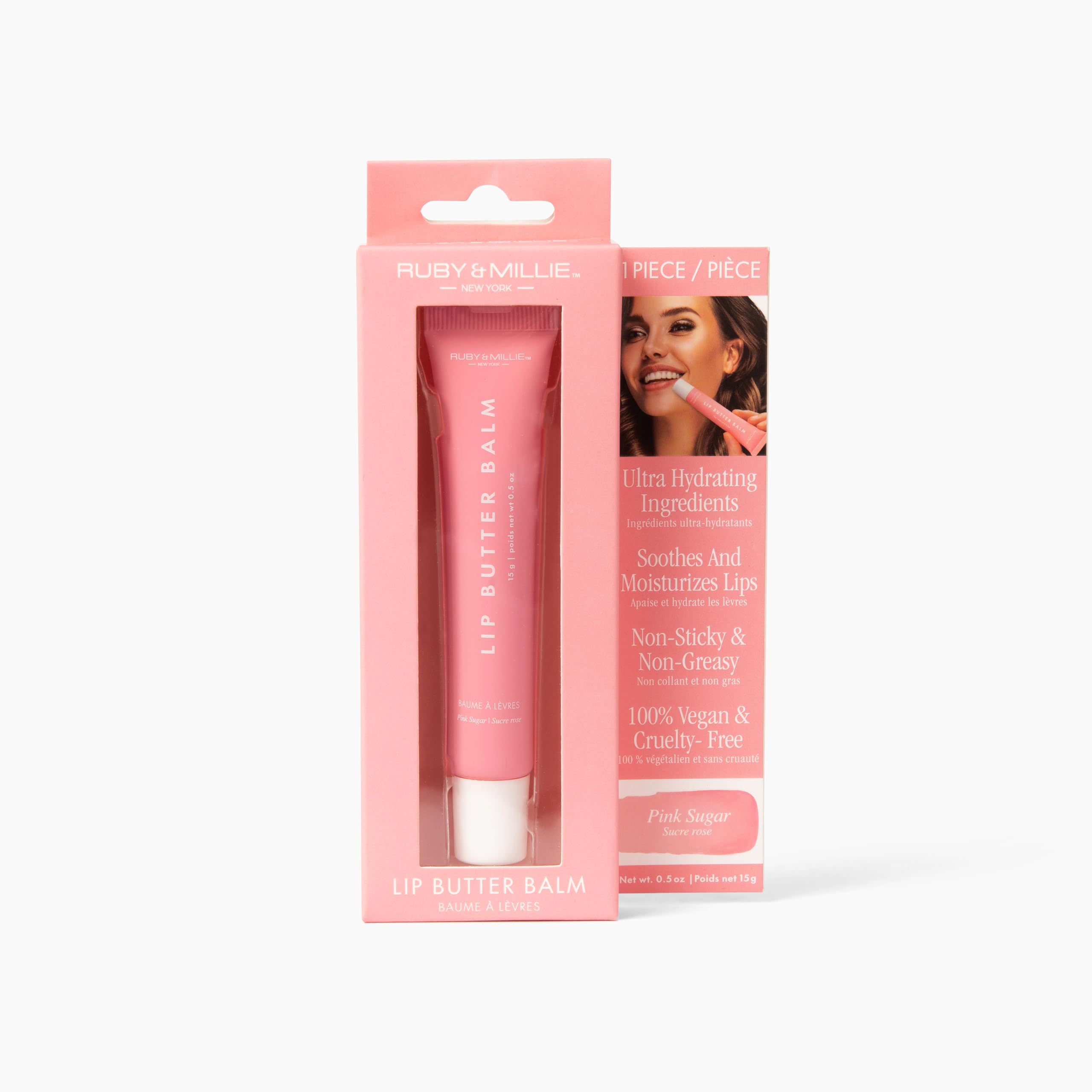 Ruby & Millie Tinted Lip Balm Pink Sugar – Hydrating Lip Butter, 0.5 oz, Vegan