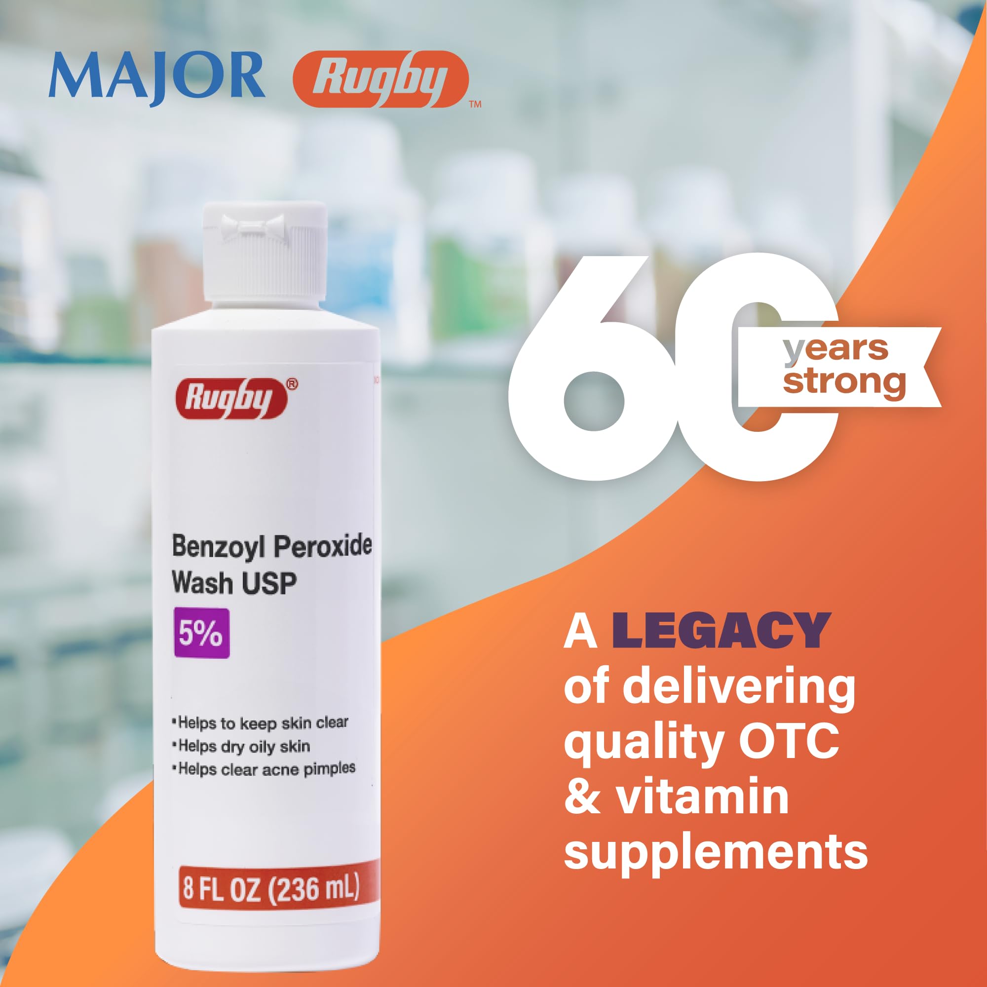 Rugby Benzoyl Peroxide Wash 5% - Clear Acne & Control Oily Skin - 8 fl oz | Rugby Laboratories
