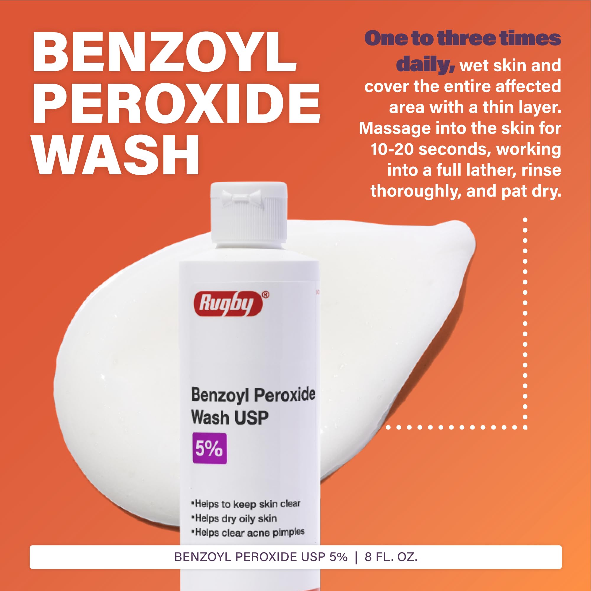 Rugby Benzoyl Peroxide Wash 5% - Clear Acne & Control Oily Skin - 8 fl oz | Rugby Laboratories
