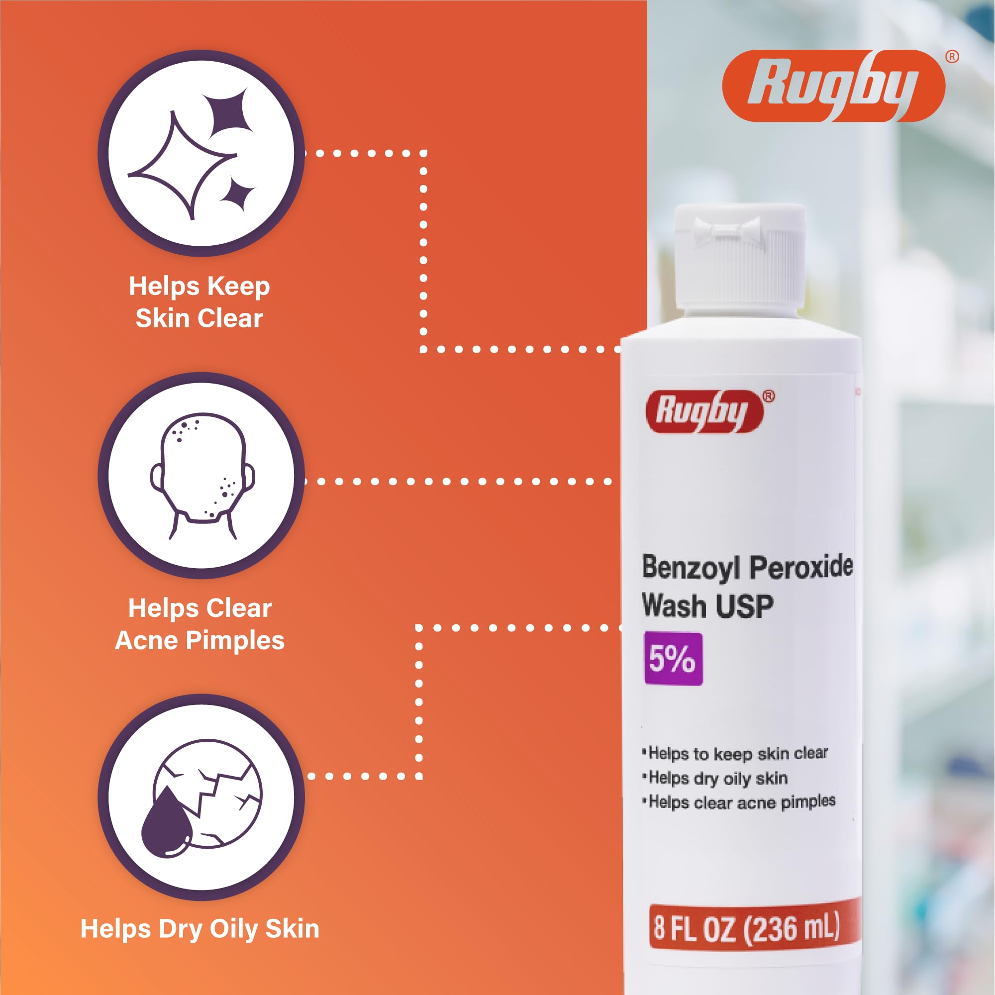 Rugby Benzoyl Peroxide Wash 5% - Clear Acne & Control Oily Skin - 8 fl oz | Rugby Laboratories