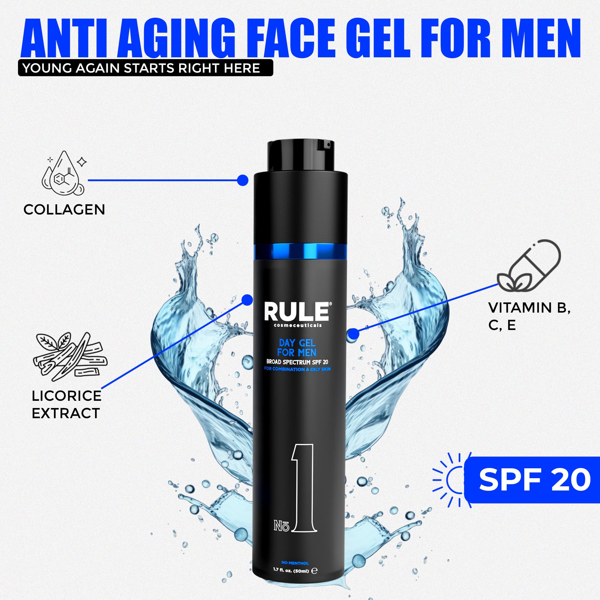 RULE COSMECEUTICALS No.1 Day Gel for Men – 10-in-1 Anti-Aging SPF 20 Moisturizer