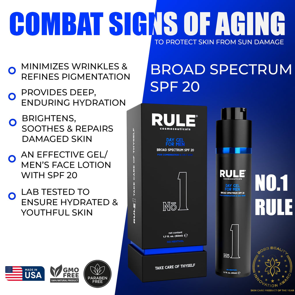 RULE COSMECEUTICALS No.1 Day Gel for Men – 10-in-1 Anti-Aging SPF 20 Moisturizer