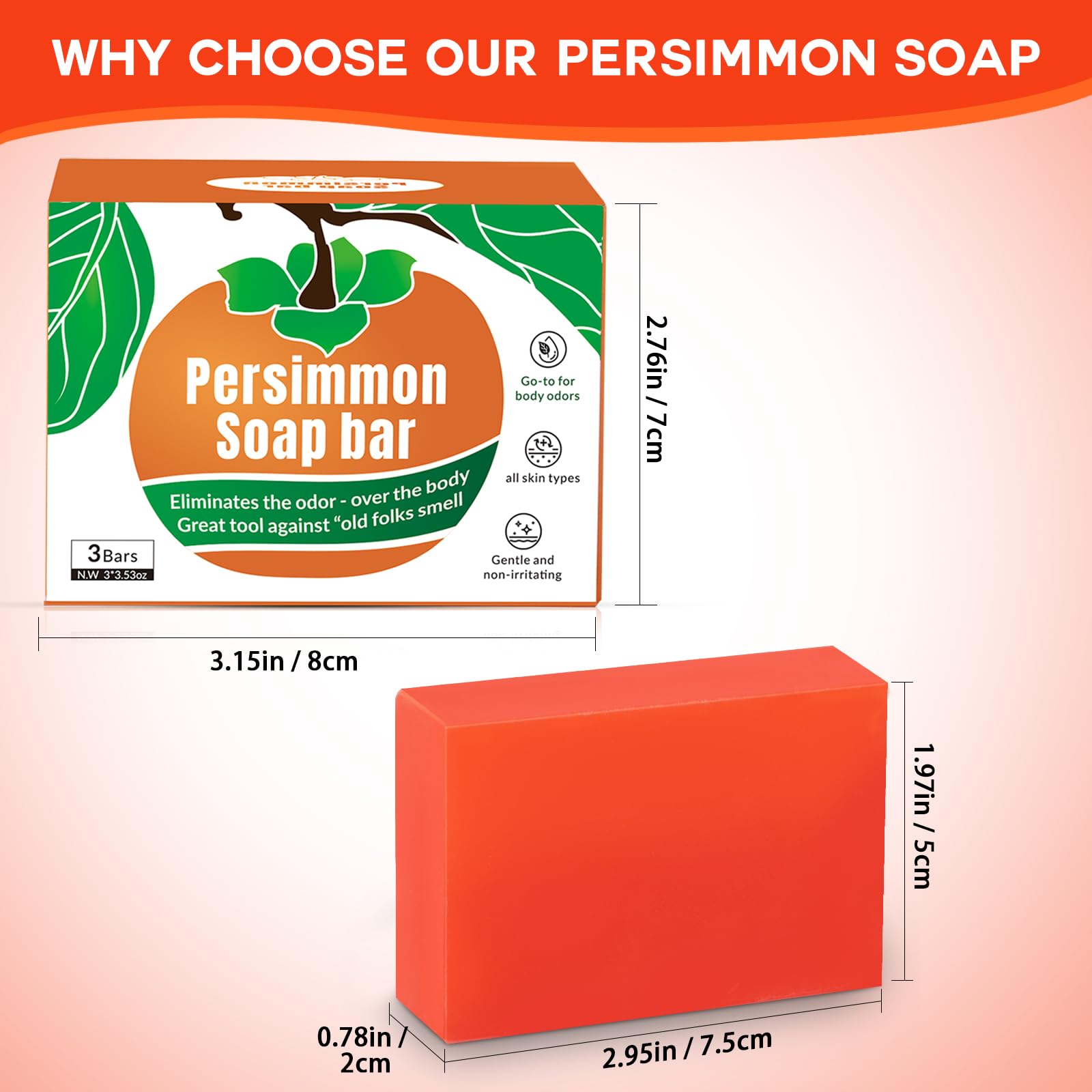 Runsidan 3 PCS Persimmon Soap Bar for Body Odor Control | Natural Deodorant Bath Soap