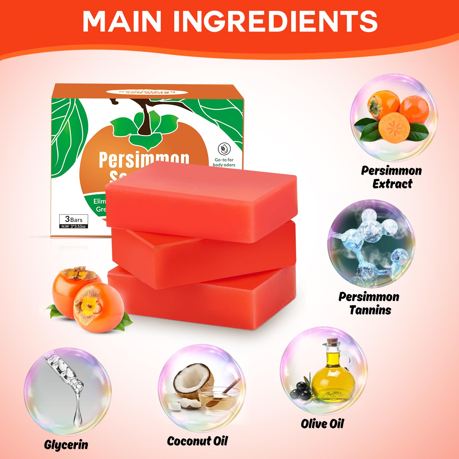 Runsidan 3 PCS Persimmon Soap Bar for Body Odor Control | Natural Deodorant Bath Soap