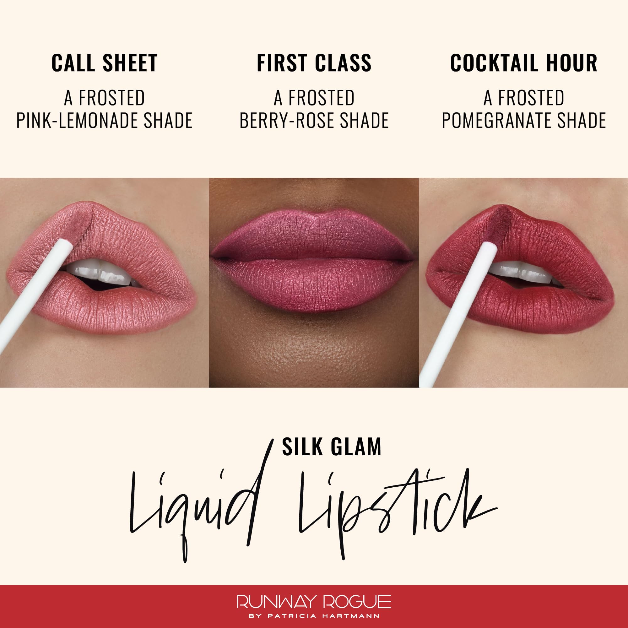 Runway Rogue Silk Glam Lip Trio – Long-Wear Frosted Lipstick (Call Sheet, Cocktail Hour, First Class)