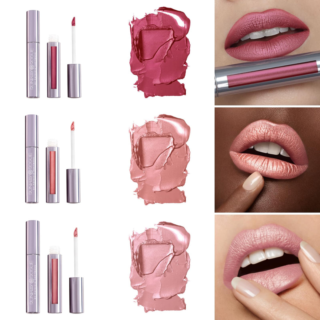 Runway Rogue Silk Glam Liquid Lipstick Trio – Long-Wear Frosted Shades in First Class, Jet Set, Trophy Wife