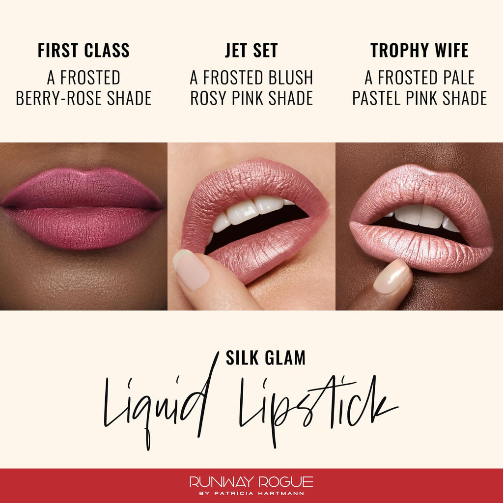 Runway Rogue Silk Glam Liquid Lipstick Trio – Long-Wear Frosted Shades in First Class, Jet Set, Trophy Wife