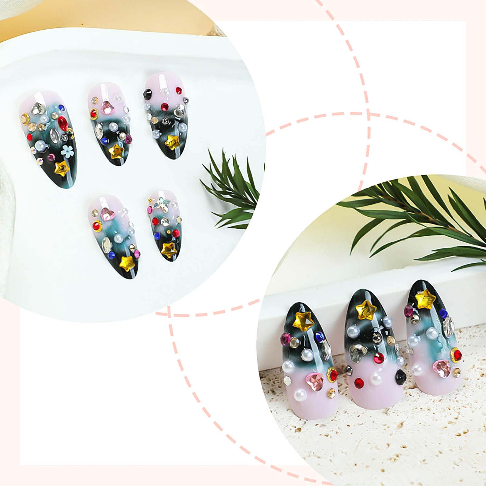 RUOKEXIN Almond Press-On Nails – Green Ombre Rhinestones, Medium Full Cover, 24Pcs