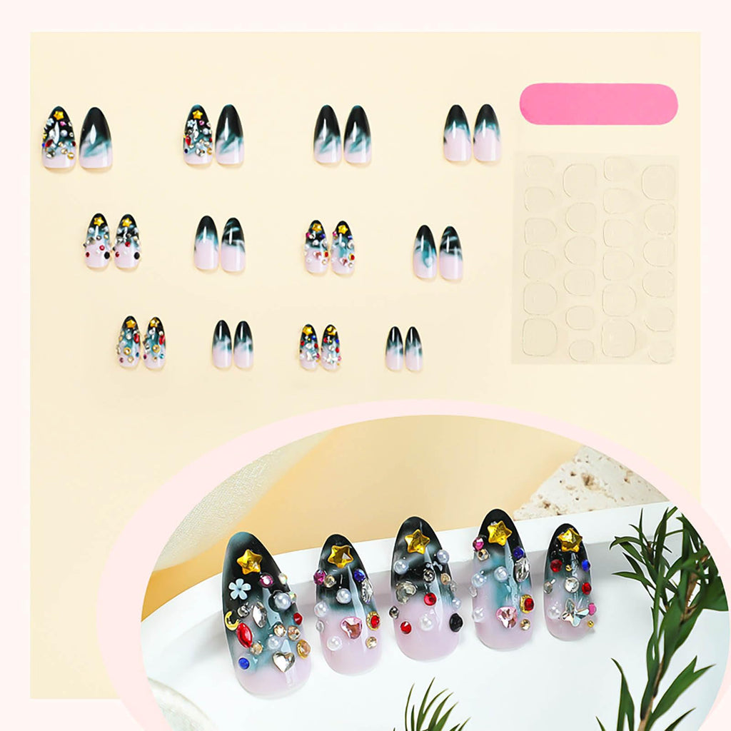 RUOKEXIN Almond Press-On Nails – Green Ombre Rhinestones, Medium Full Cover, 24Pcs