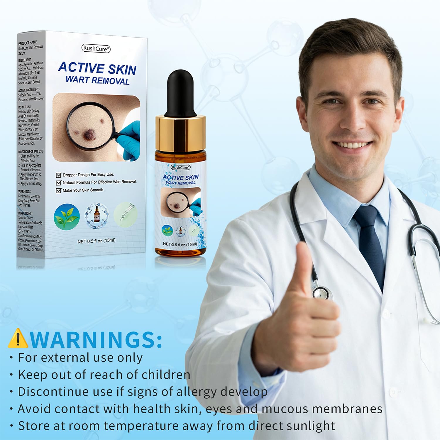 RushCure Wart Remover Serum — 17% Salicylic, Precision Dropper, Travel Size 0.5 oz