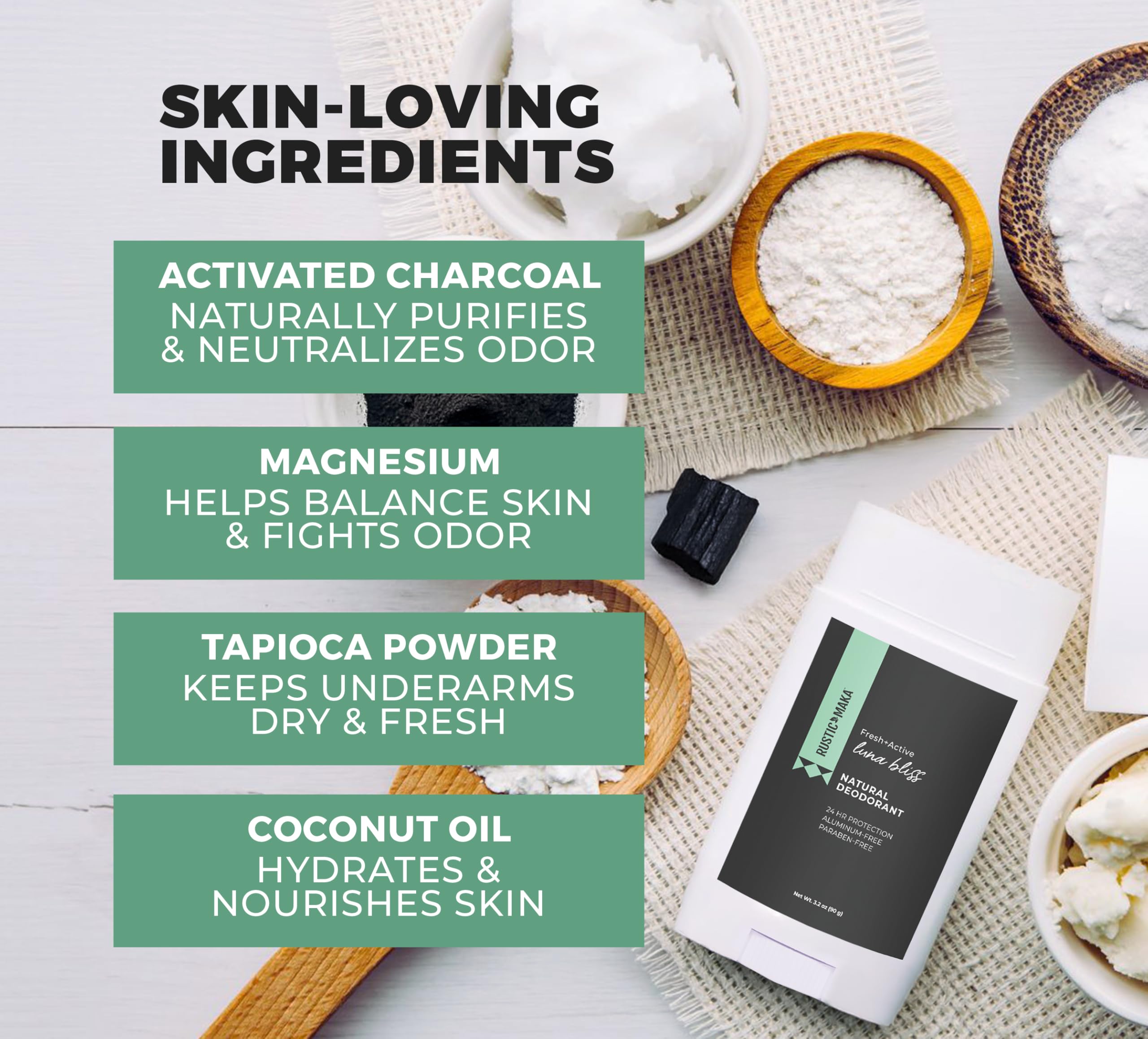 Rustic MAKA Luna Bliss Natural Deodorant Stick – Aluminum-Free, No Baking Soda, Charcoal + Magnesium