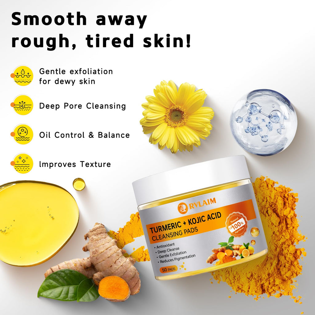 Rvlaim Turmeric Kojic Acid Cleansing Pads – 50 Count for Pore Refinement & Gentle Exfoliation