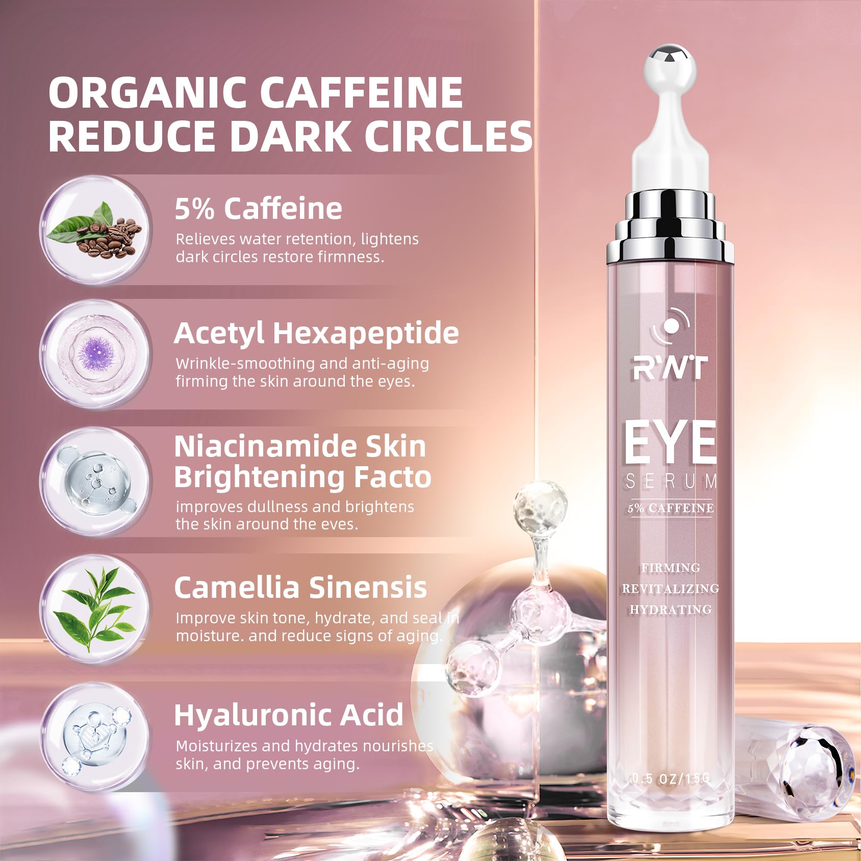RWT 5% Caffeine Eye Serum & Under Eye Roller — 360° Eye Massage for Dark Circles