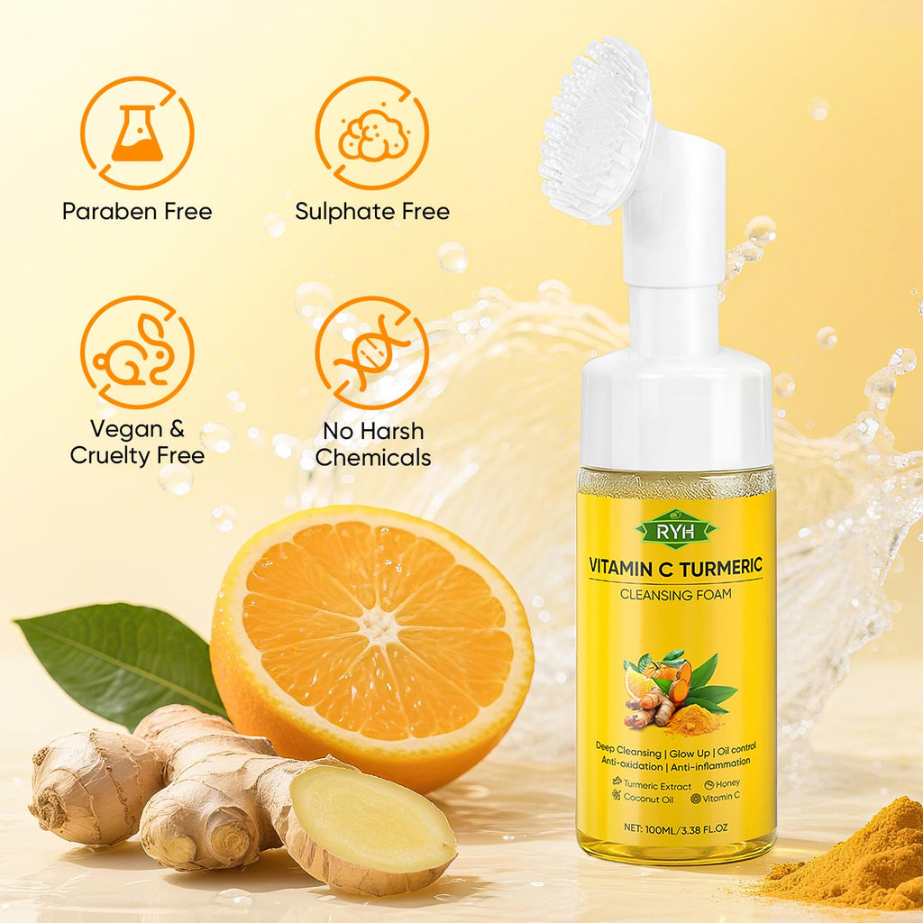 RYH 2pcs Turmeric Face Wash with Vitamin C — Deep Clean & Glow Foam Set