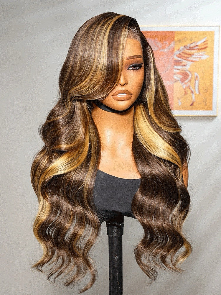 Vietnamese Human Hair Glueless Lace Front Pre Styled Honey Blonde Wavy 250% Density Wig