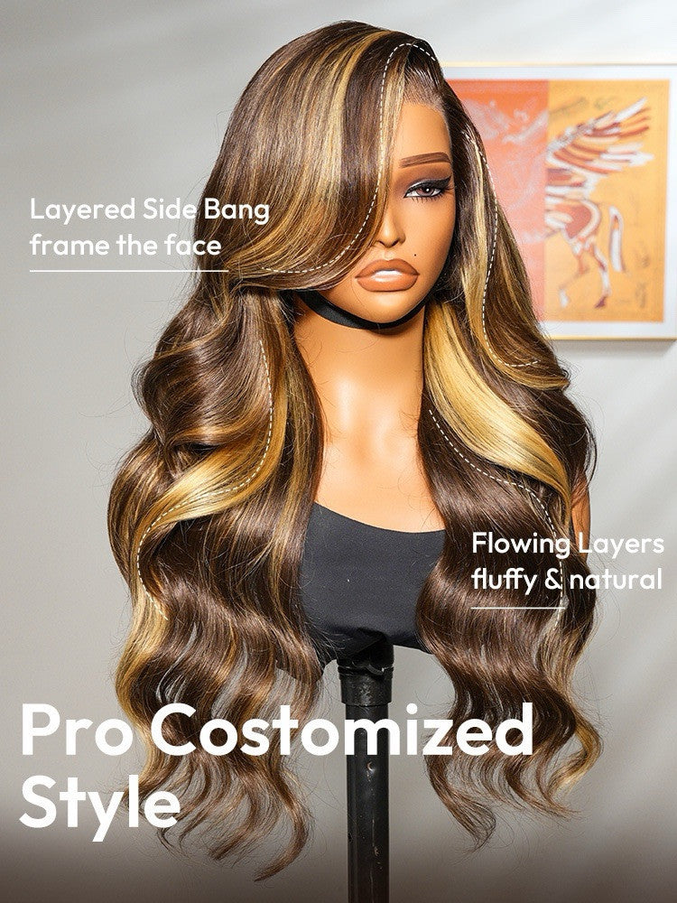 Vietnamese Human Hair Glueless Lace Front Pre Styled Honey Blonde Wavy 250% Density Wig